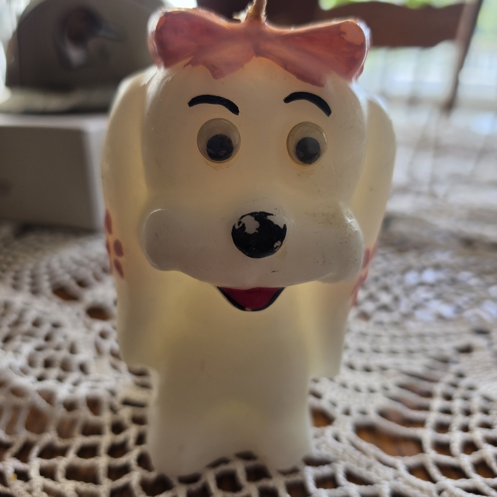 Vintage 1960s 70s Figural Dog Candle Googly Eyes Pink Bow Flowers Kitsch Retro